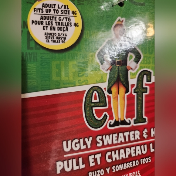 Adult Elf Movie Ugly Christmas Sweater with Hat and Badge - Picture 3 of 6